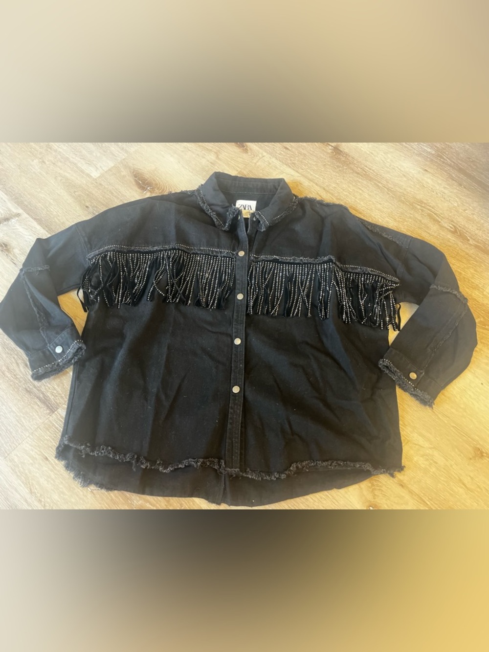 Zara Oversized Black Denim Western Jacket w/ Embellished Fringe
